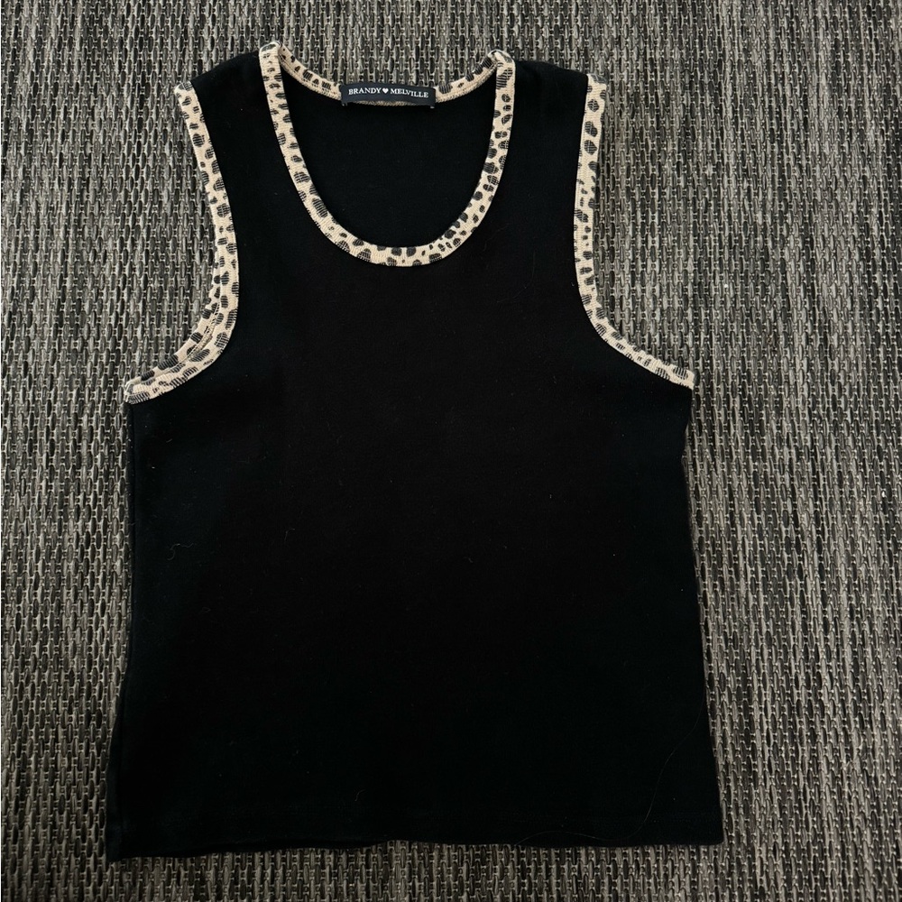 Brandy Melville/ Ribbed, Black tank top with leopard print detail